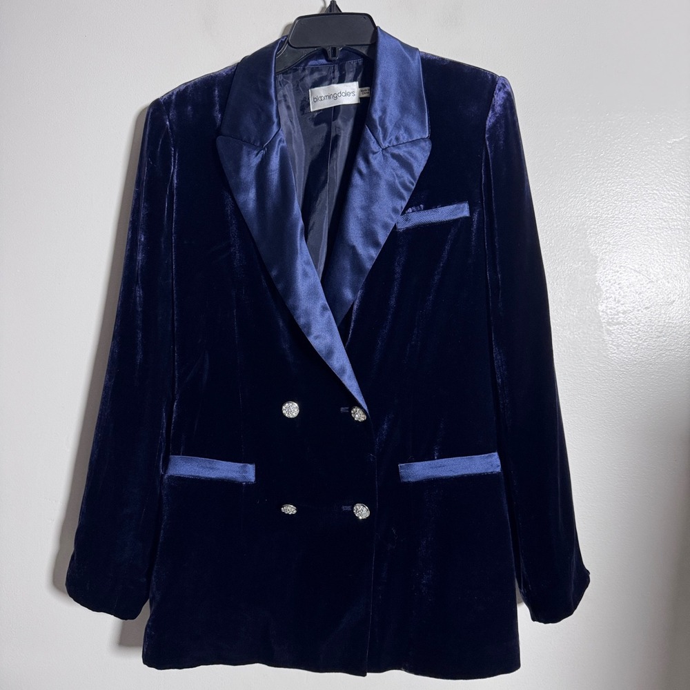 Bloomingdale's Blazer Womens 8 Navy Blue Solid Velvet Satin Peak Lapel DB‎